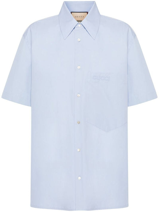 Blue Logo-embroidered Cotton Shirt