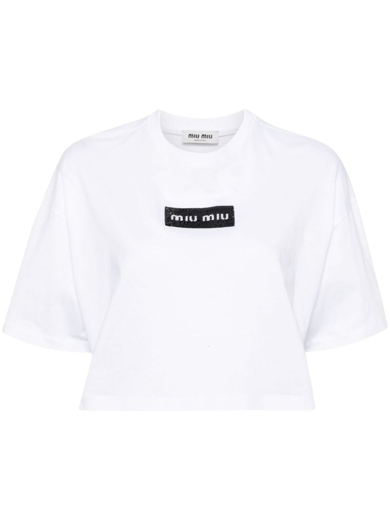 White Logo-embellished Cropped Cotton T-shirt