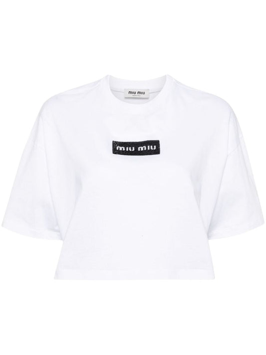 White Logo-embellished Cropped Cotton T-shirt