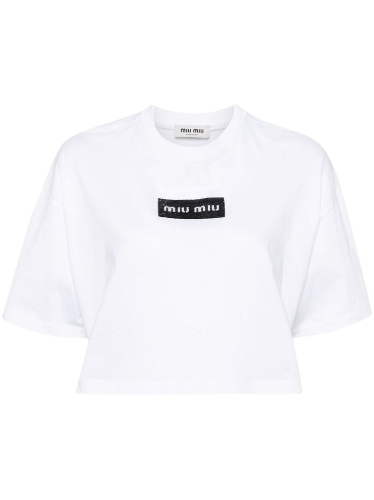 White Logo-embellished Cropped Cotton T-shirt