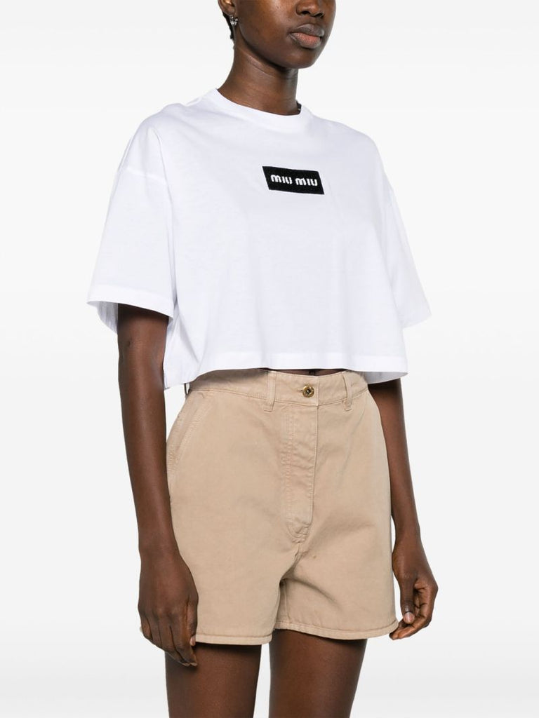 White Logo-embellished Cropped Cotton T-shirt