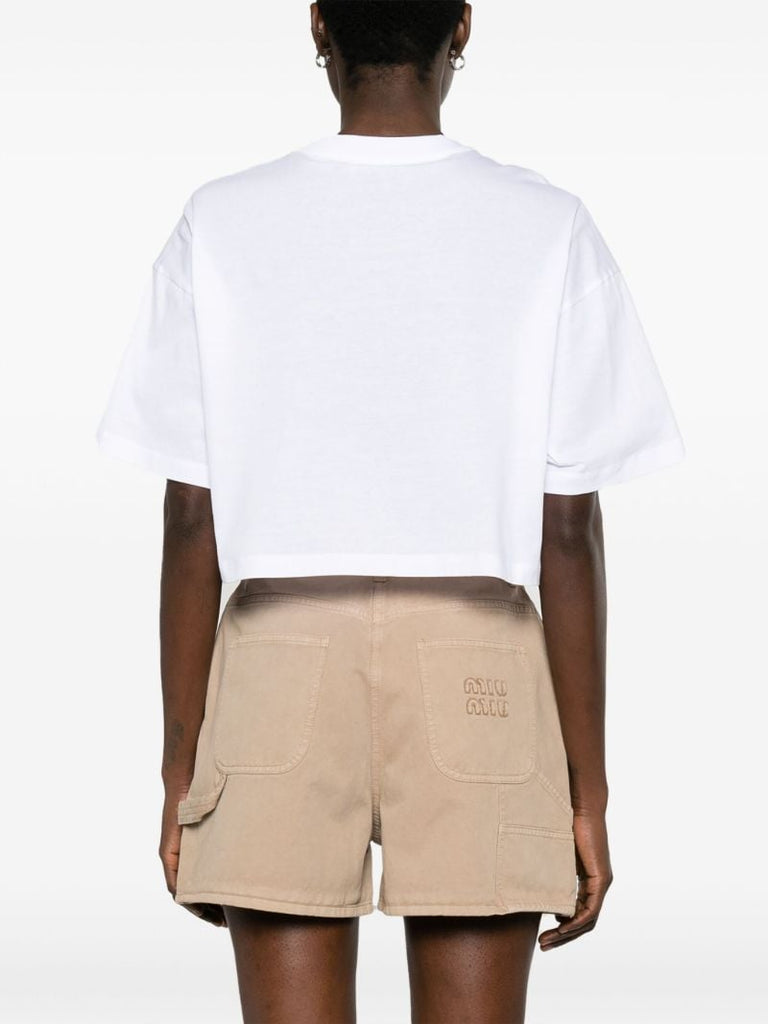 White Logo-embellished Cropped Cotton T-shirt