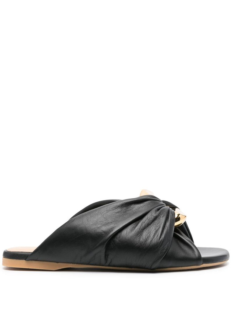Black Corner Leather Slides