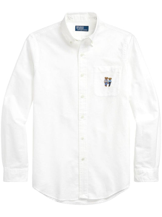 White Polo Bear-embroidered Cotton Shirt