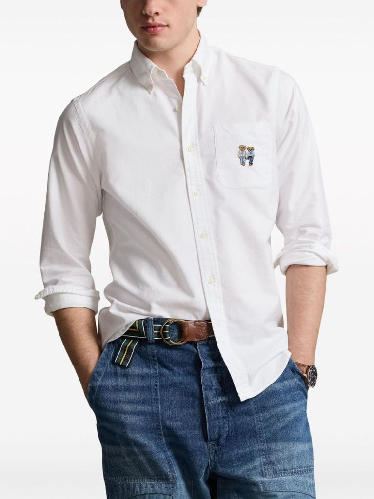 White Polo Bear-embroidered Cotton Shirt