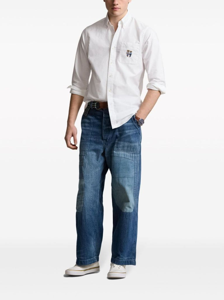 White Polo Bear-embroidered Cotton Shirt