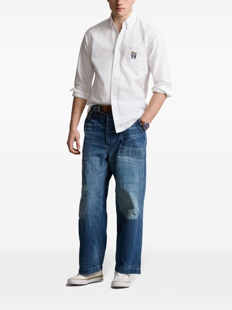 White Polo Bear-embroidered Cotton Shirt