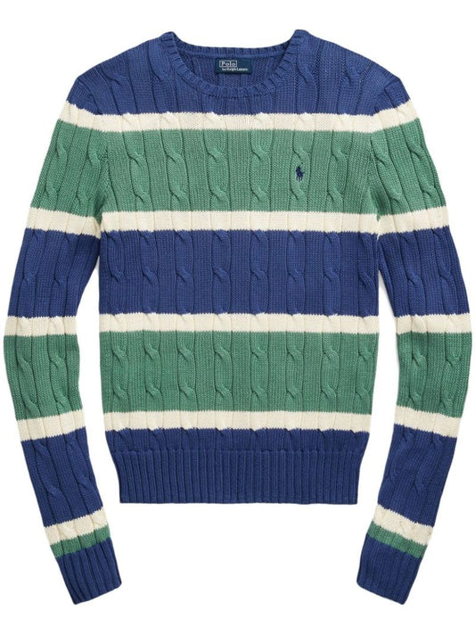 Blue and Green Striped Cable-knit Cotton Sweater