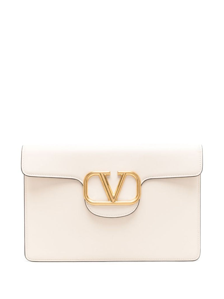 Beige Vlogo Leather Clutch Bag