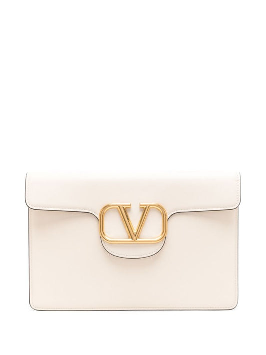 Beige Vlogo Leather Clutch Bag