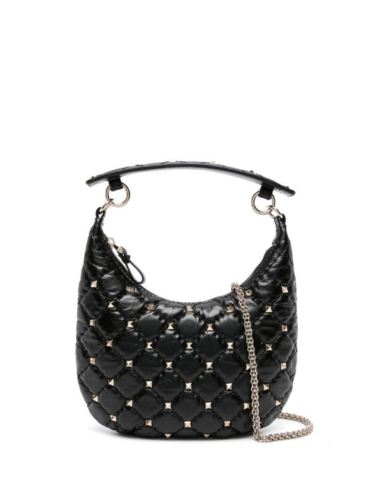 Black Small Rockstud Spike Leather Top Handle Bag