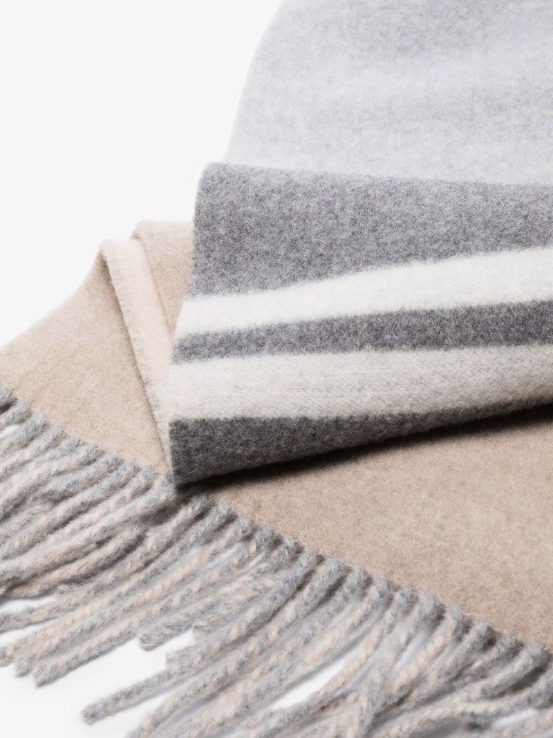 Neutral Striped Fringed Cashmere Blanket