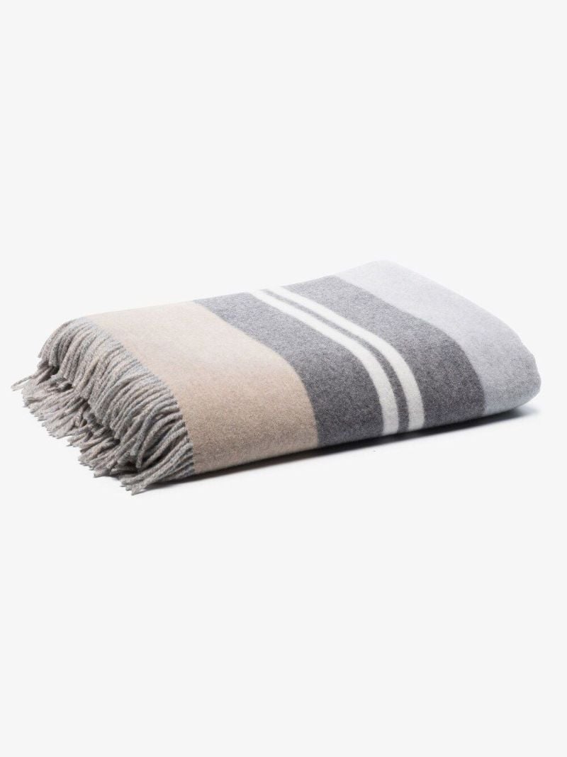 Neutral Striped Fringed Cashmere Blanket