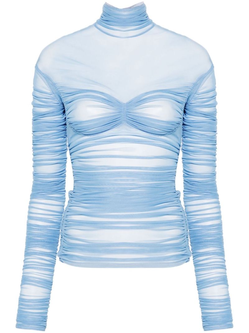 Blue Ruched Mesh Top