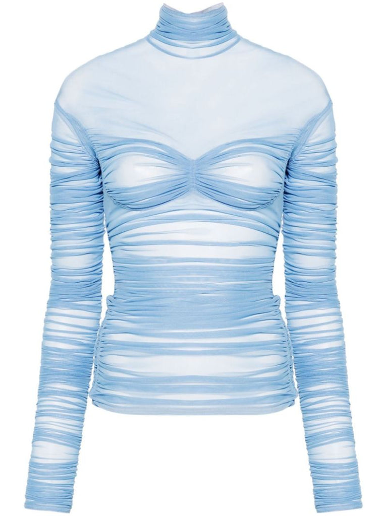 Blue Ruched Mesh Top