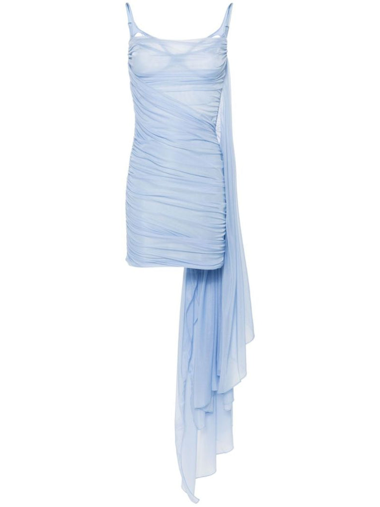 Blue Ruched Mesh Mini Dress