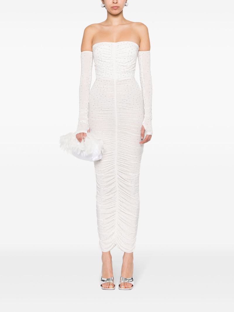White Crystal-embellished Ruched Maxi Dress
