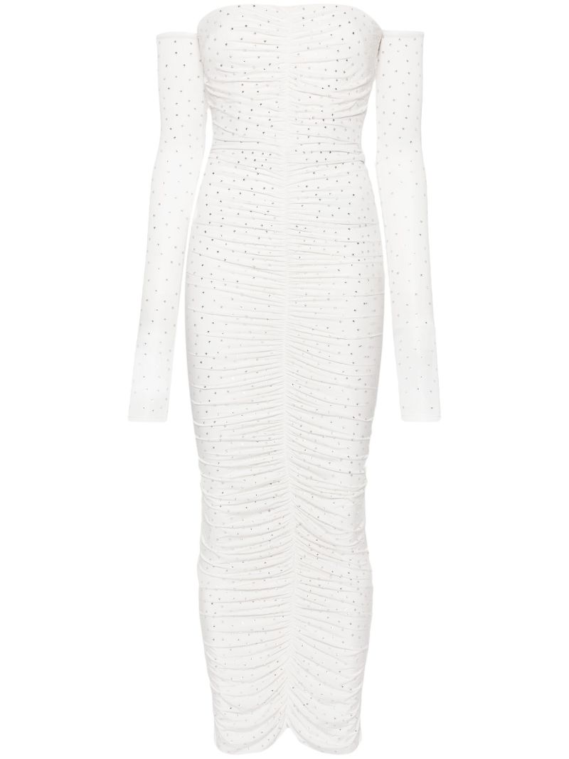 White Crystal-embellished Ruched Maxi Dress