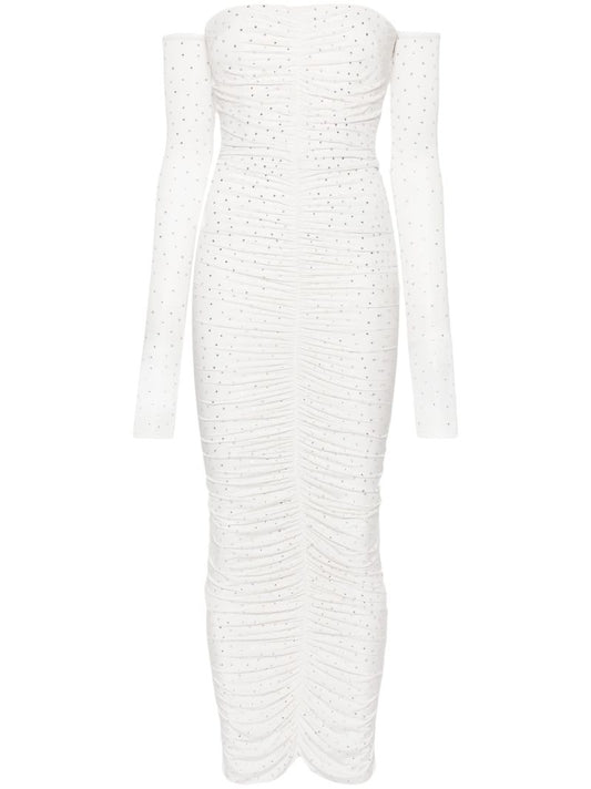 White Crystal-embellished Ruched Maxi Dress