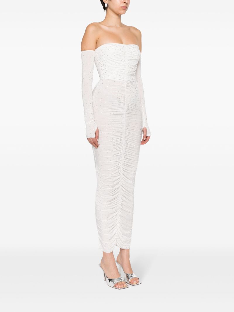 White Crystal-embellished Ruched Maxi Dress
