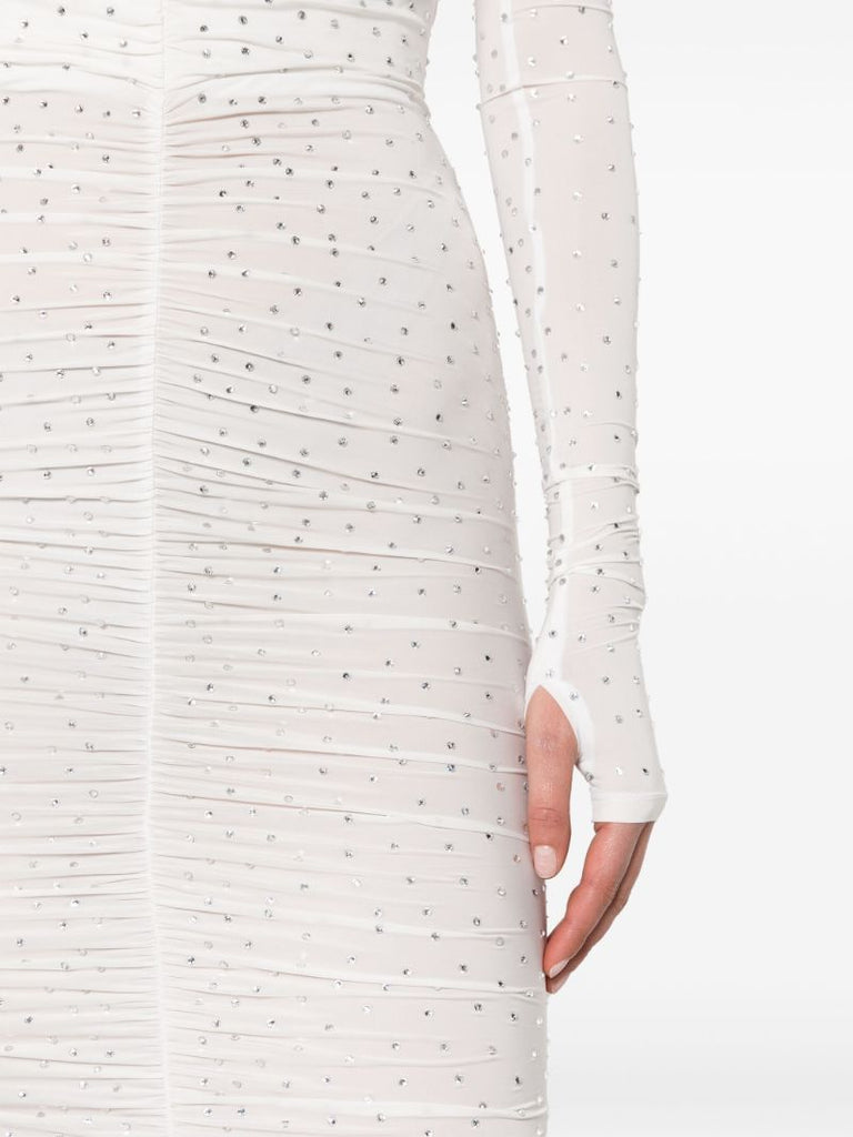 White Crystal-embellished Ruched Maxi Dress
