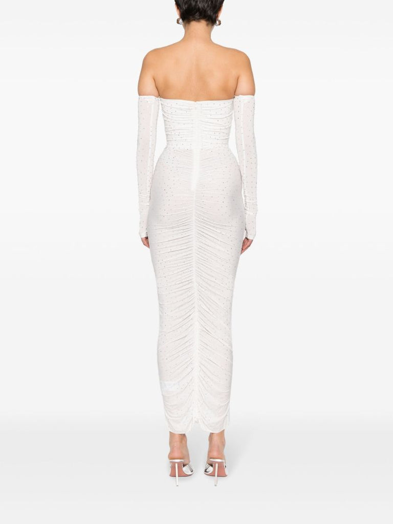 White Crystal-embellished Ruched Maxi Dress