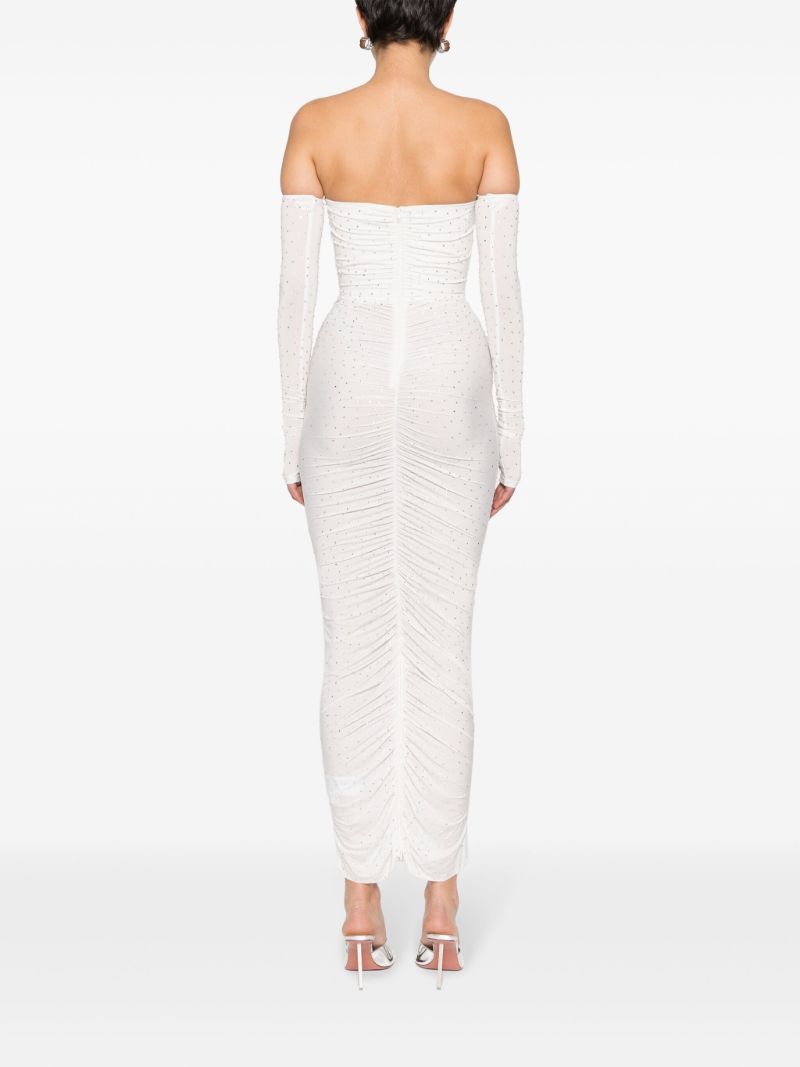 White Crystal-embellished Ruched Maxi Dress