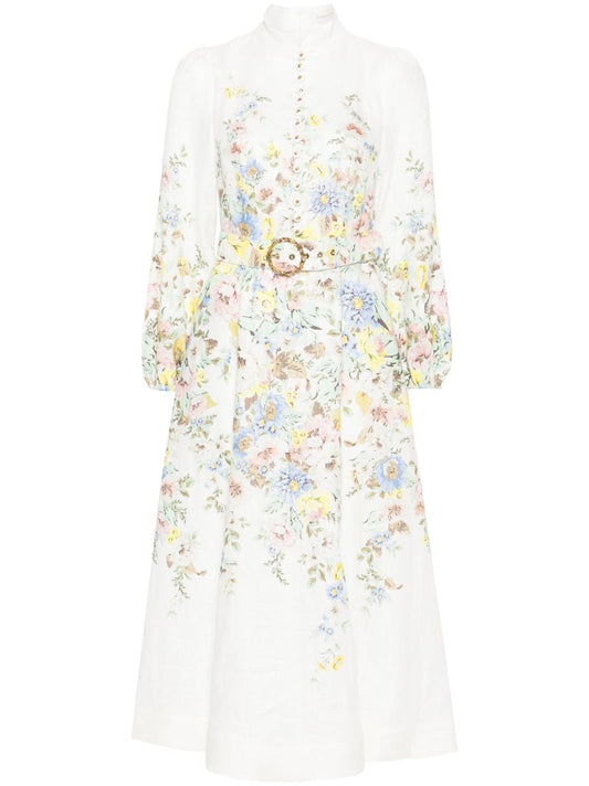 White Matchmaker Floral-print Linen Dress