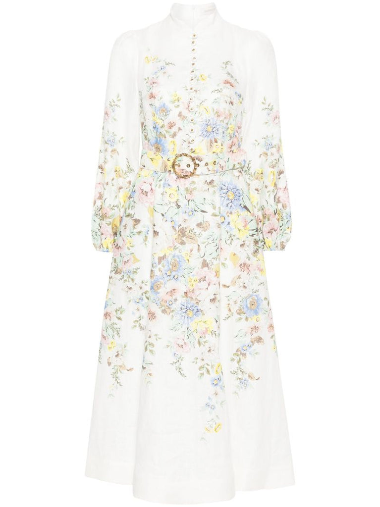 White Matchmaker Floral-print Linen Dress
