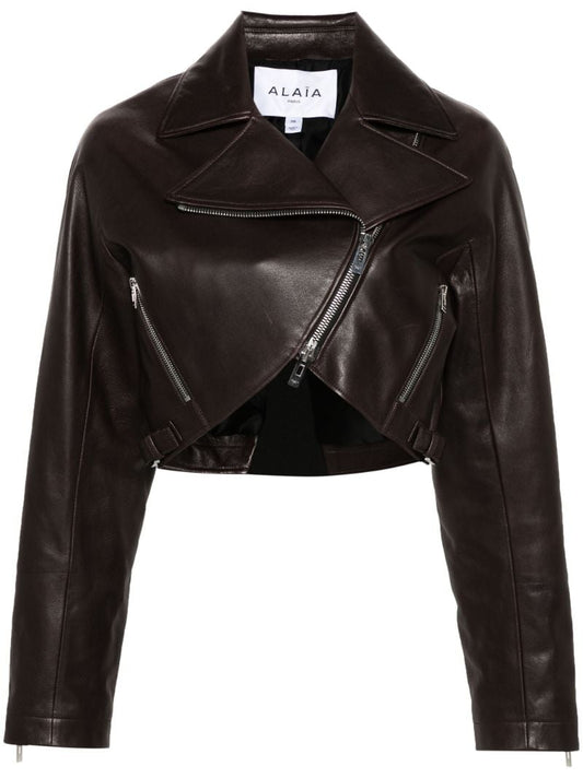Brown Cropped Leather Biker Jacket