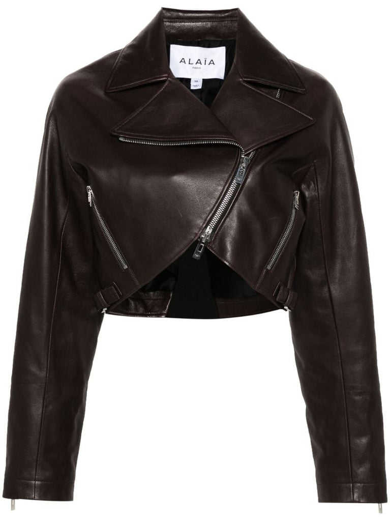 Brown Cropped Leather Biker Jacket