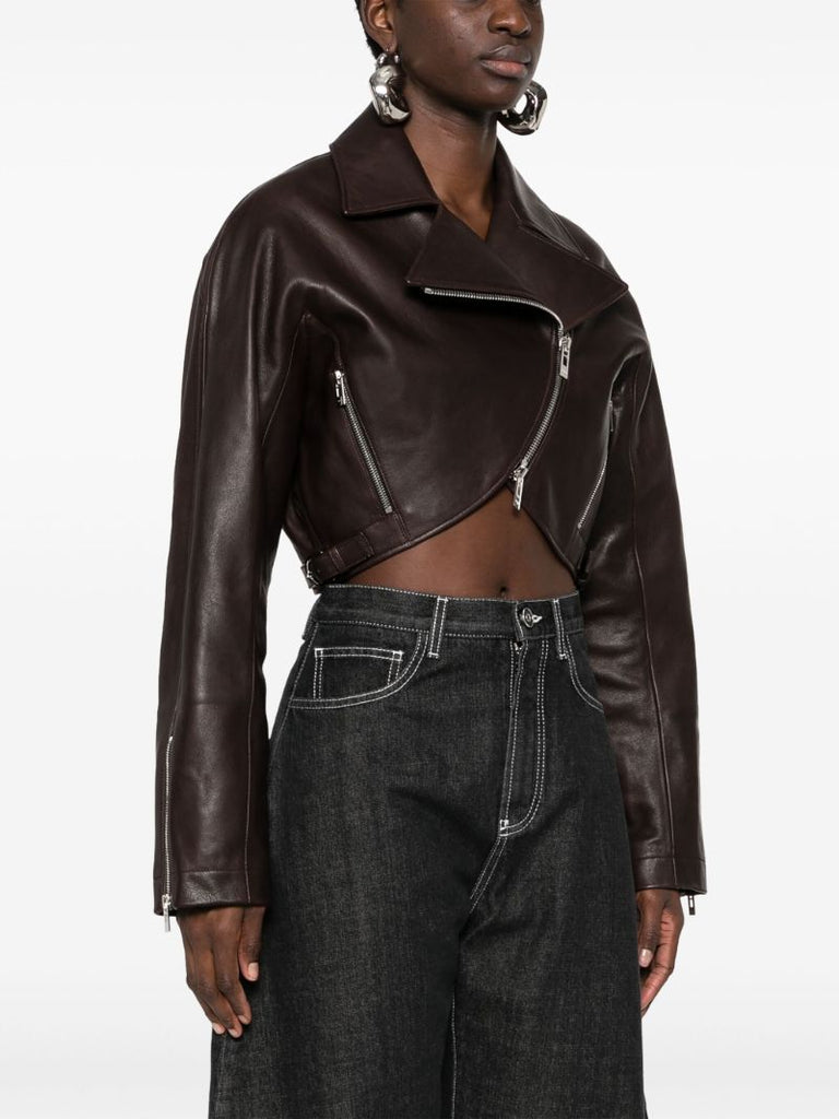 Brown Cropped Leather Biker Jacket