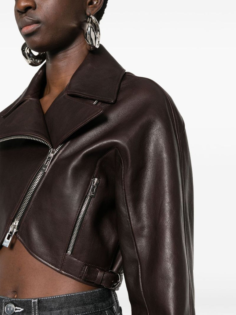 Brown Cropped Leather Biker Jacket