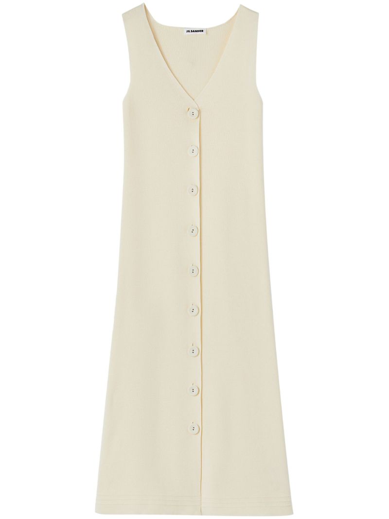 Neutral V-neck Ribbed Midi Dress