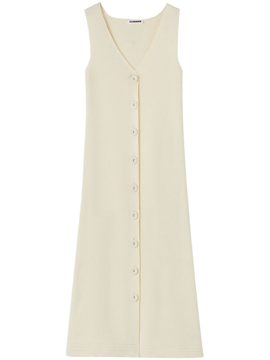 Neutral V-neck Ribbed Midi Dress