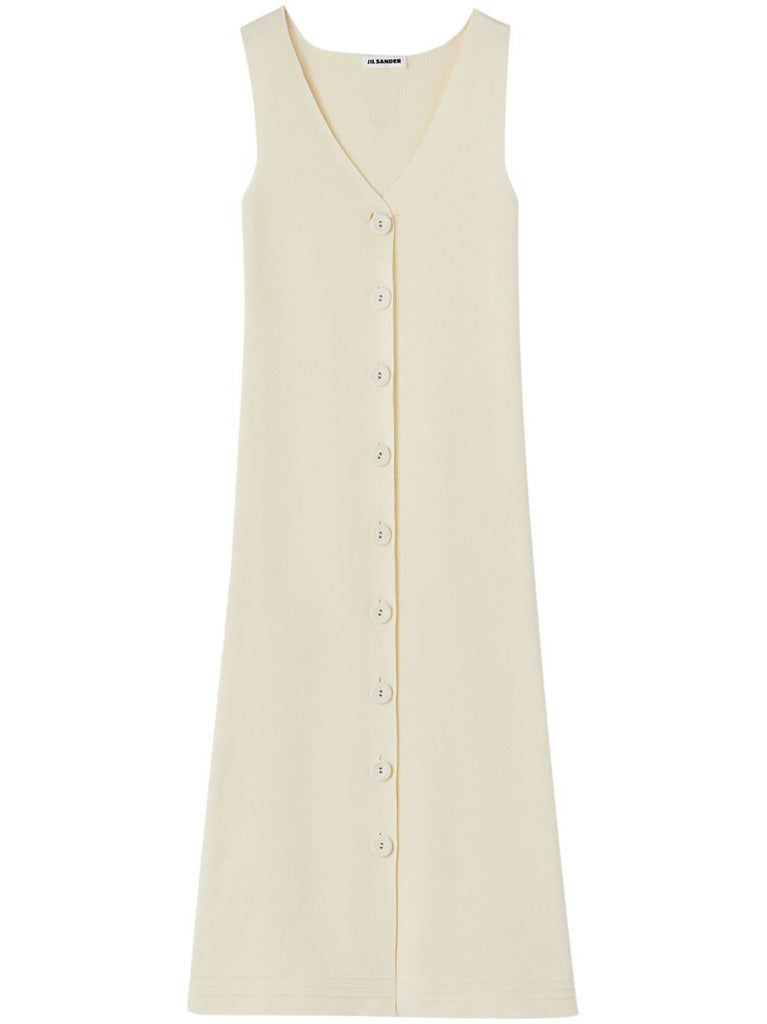 Neutral V-neck Ribbed Midi Dress