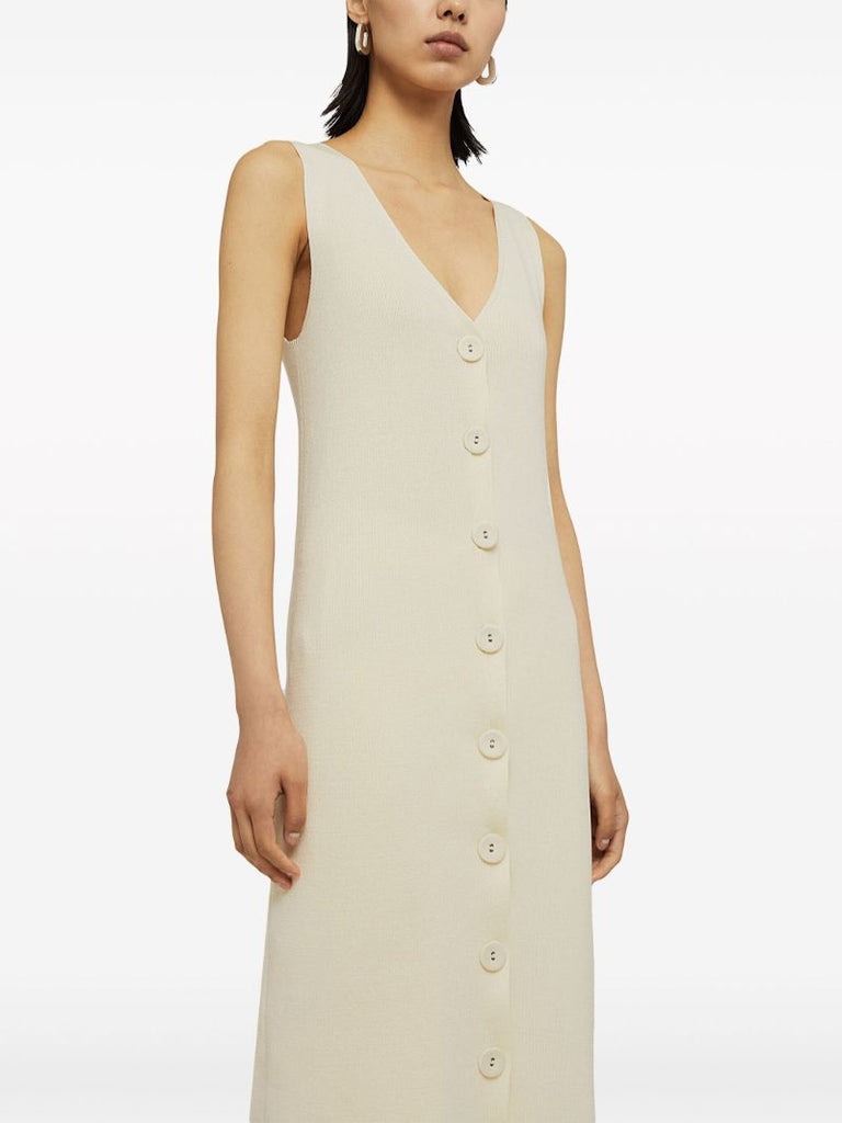 Neutral V-neck Ribbed Midi Dress