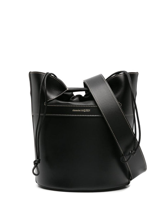 Black Logo Stamp Leather Bucket Bag