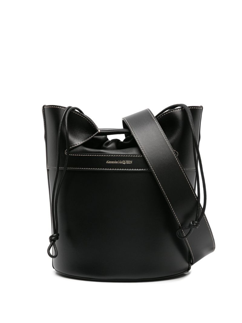 Black Logo Stamp Leather Bucket Bag