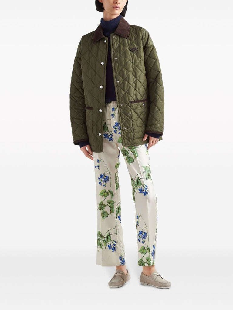White Floral-print Twill Trousers
