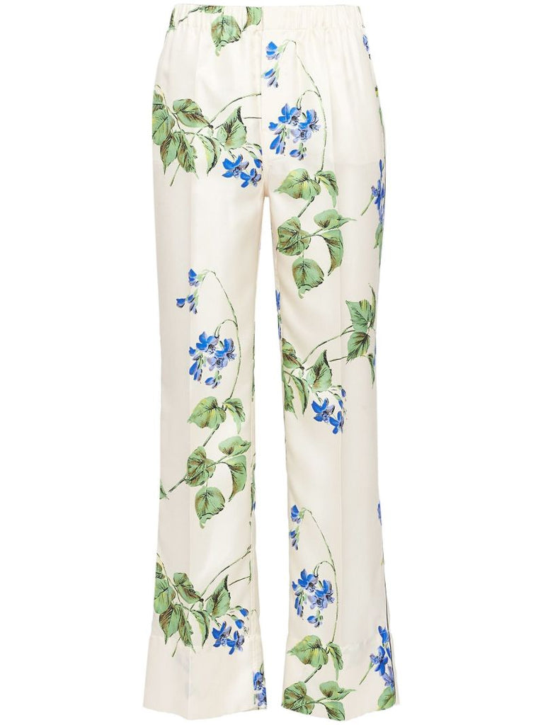 White Floral-print Twill Trousers