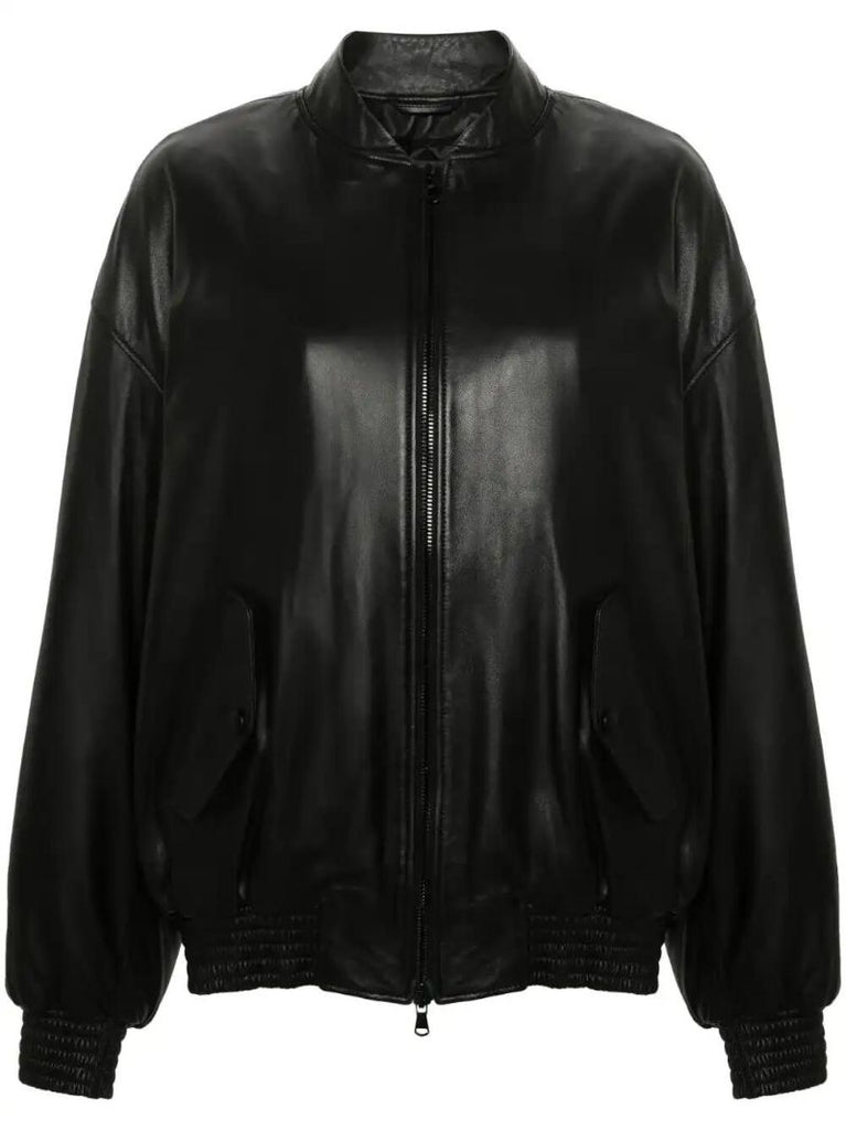 Drop-shoulder Leather Bomber Jacket