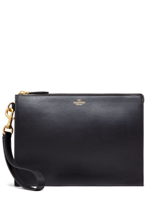 Black Logo Stamp Leather Clutch Bag