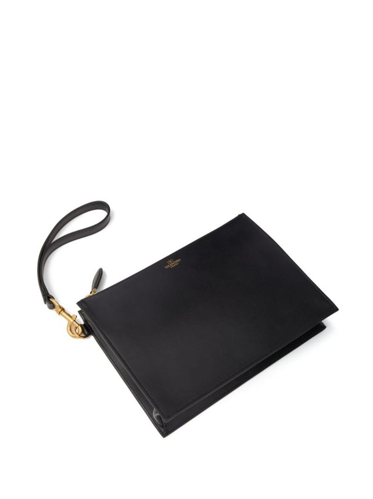 Black Logo Stamp Leather Clutch Bag