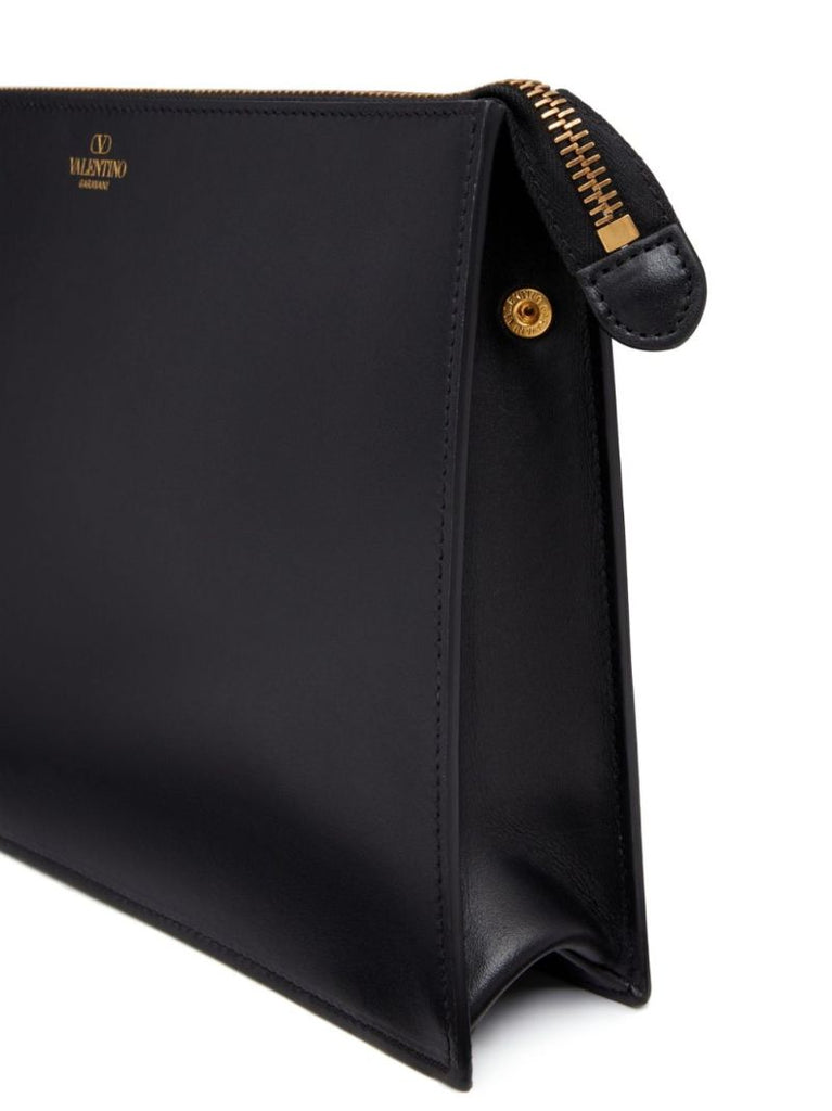 Black Logo Stamp Leather Clutch Bag