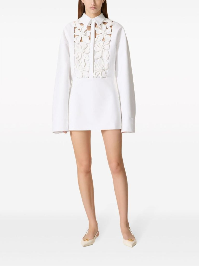 White Floral-embroidery Cotton Shirt Dress