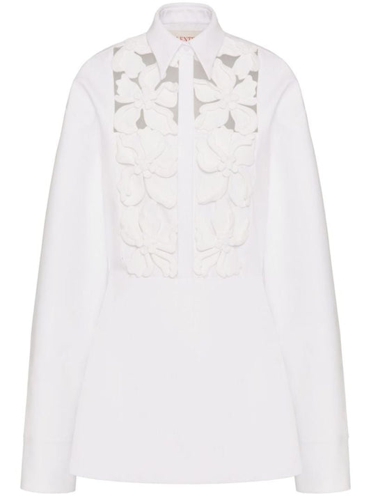 White Floral-embroidery Cotton Shirt Dress