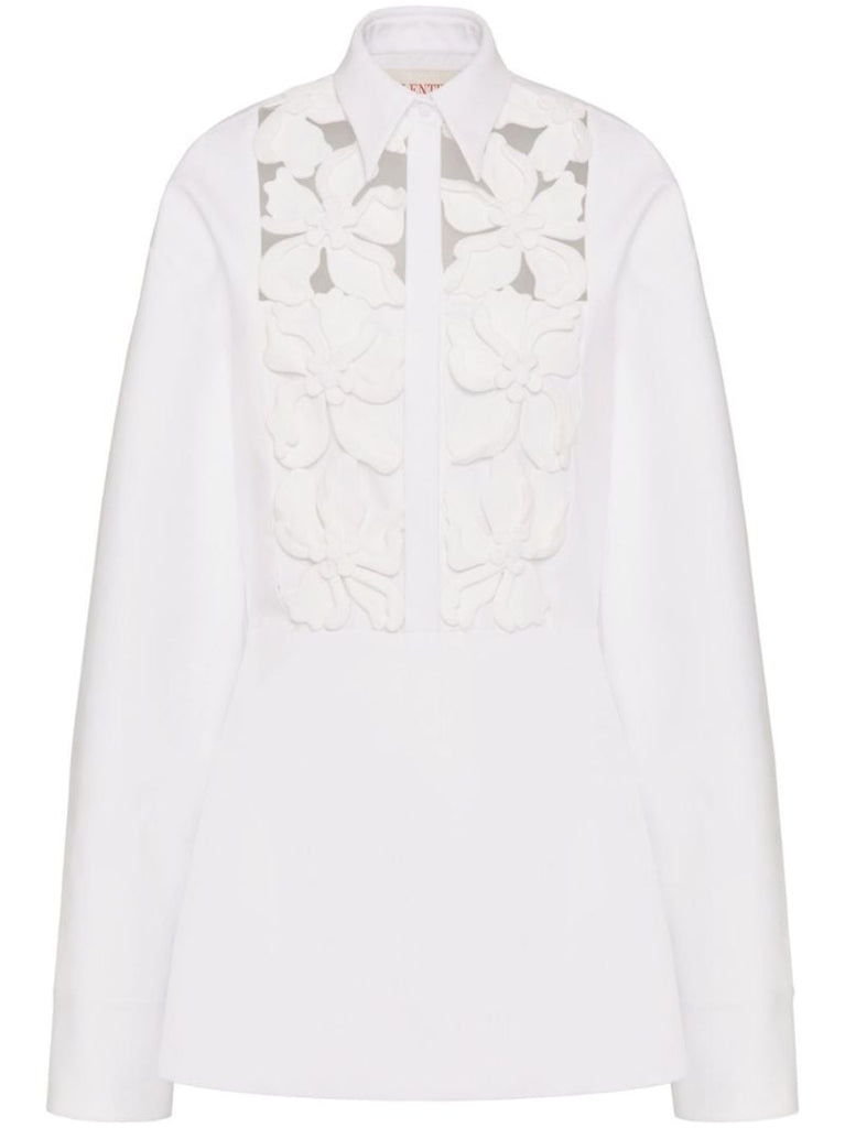 White Floral-embroidery Cotton Shirt Dress