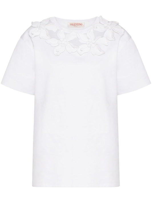 White Floral-appliquÃ_x0083_Â© Cotton T-shirt