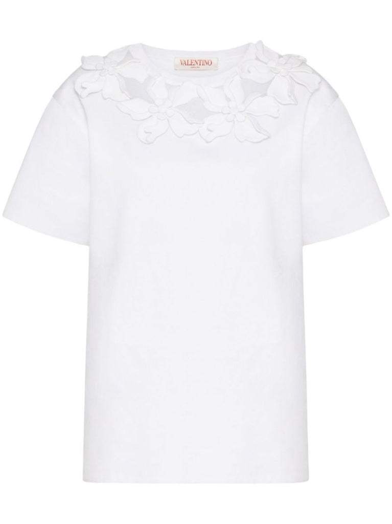 White Floral-appliquÃ_x0083_Â© Cotton T-shirt